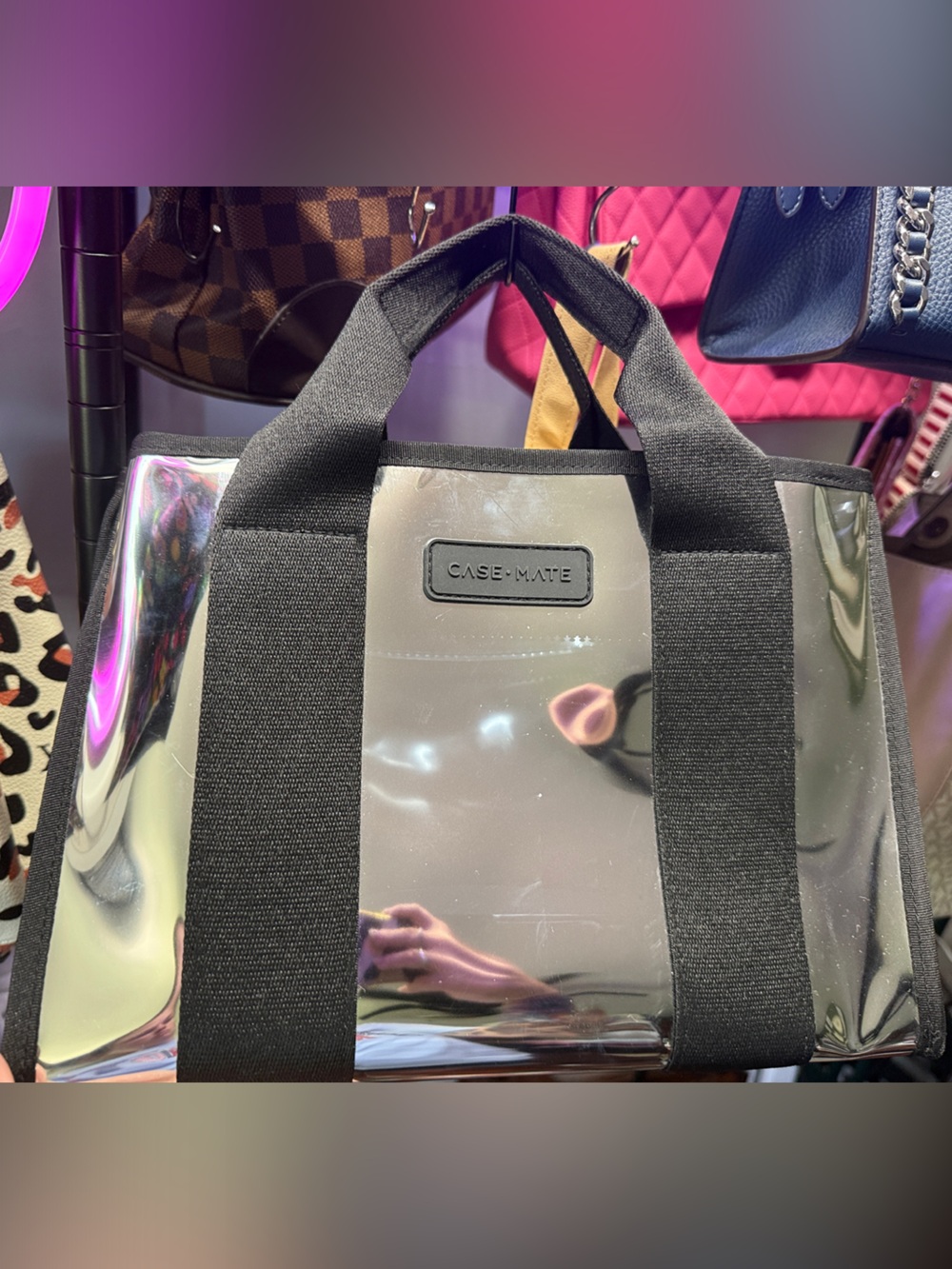 case-mate Iridescent Silver Tote with Black Straps